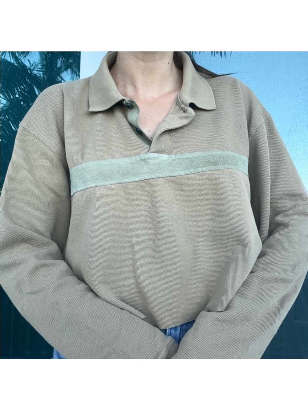 Firethorn Brown Vintage Crop Polo Long Sleeve Shirt Top L